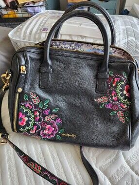 Vera Bradley pebbled Leather Satchel Marlo Kiev Needlecraft Black Floral Design